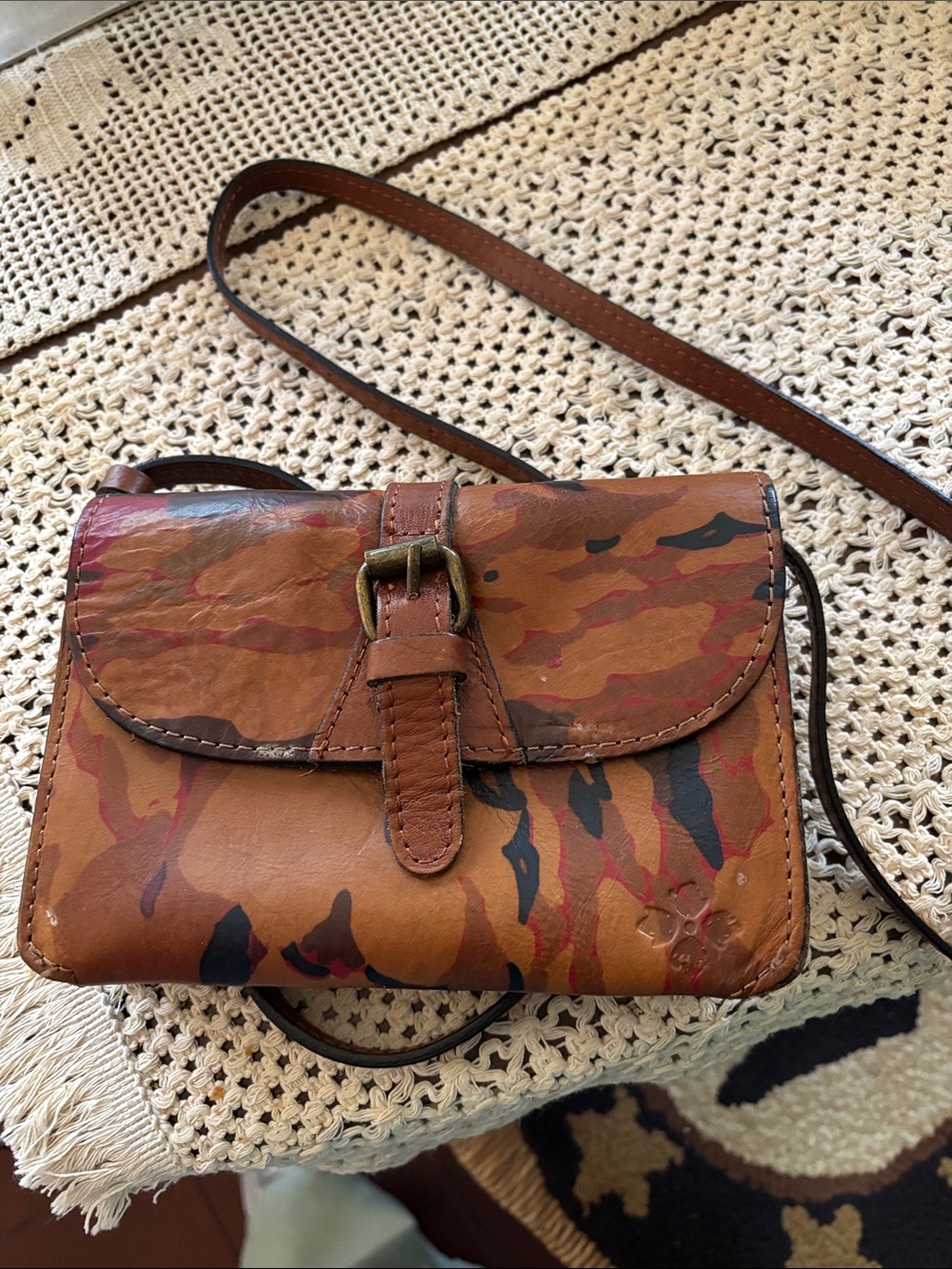 Brown Leather Crossbody with Painted Camo Detail Patricia Nash.
